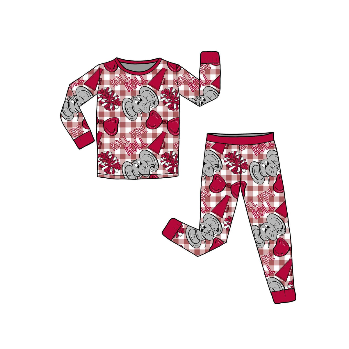 A two-piece children's pajama set shown as a flat illustration on a white background, featuring a long-sleeve top and matching pants with a red and white gingham pattern, gray cartoon faces, and red accents.