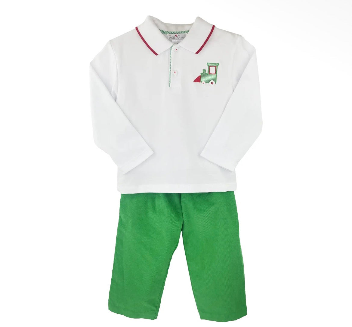 Holiday Top and Pants Set with Train Appliqué